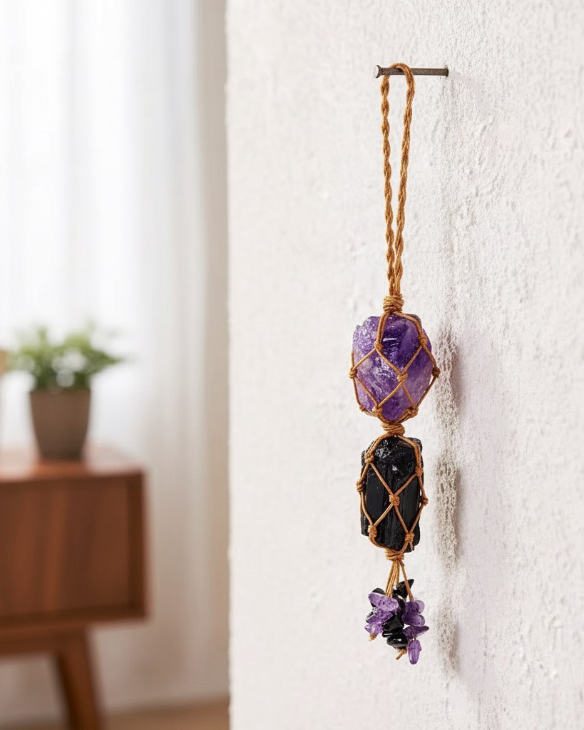 img_7552 Amethyst & Black Tourmaline Crystal Wall/Car Hanging - Image 1
