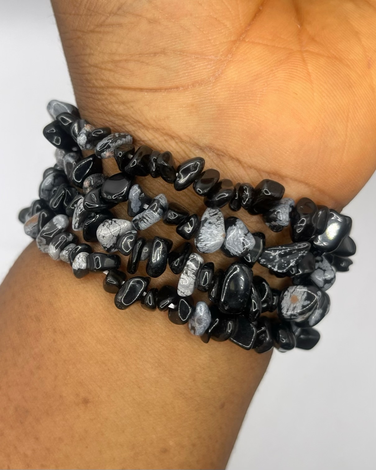 img_9157-compressed Snowflakes Obsidian Chip Bracelet ( can be worn as anklet) 1pc - Image 1